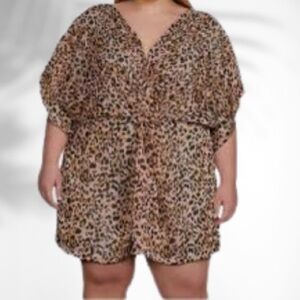 Time and Tru Leopard Print Swim Cover-Up – Sheer Twist Front Kaftan – Size 1X‎